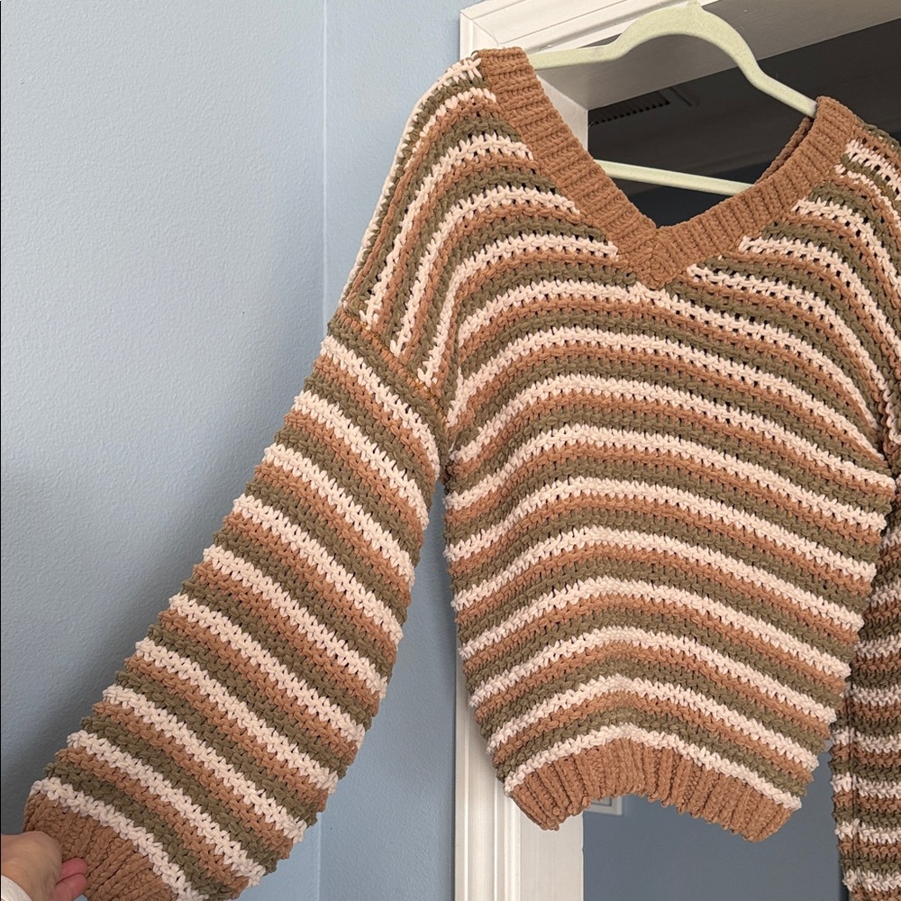 POL V-Neck Striped Sweater - Brown and Cream - Picture 3 of 4